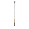Pendelleuchte Made in Italy mit Textilkabel und doppeltem Tub-E14-Schirm aus Holz und Metall – Satin-Titan