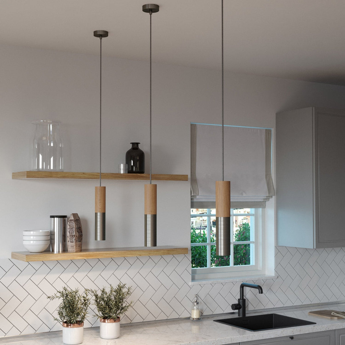 Pendelleuchte Made in Italy mit Textilkabel und doppeltem Tub-E14-Schirm aus Holz und Metall – Satin-Titan – Ansicht 2