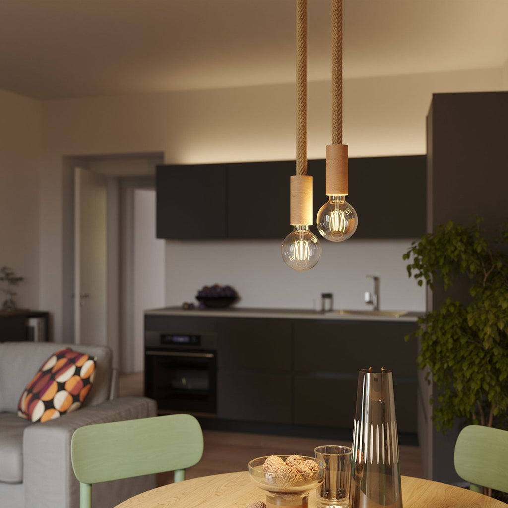 Mehrfach-Pendelleuchte mit 2 Abhängungen, komplett mit 2XL-Kordel und Holzdetails – Neutral – Ansicht 2