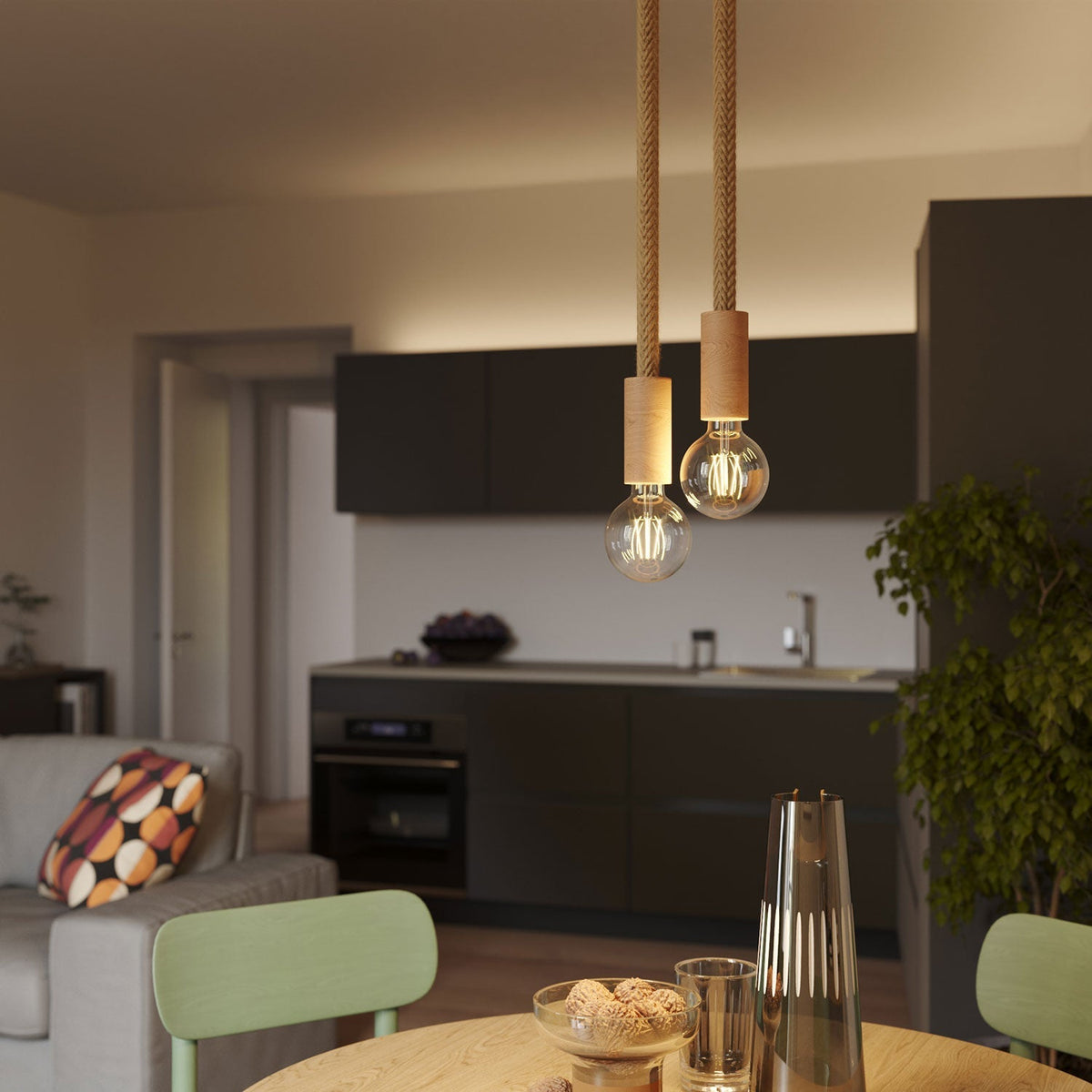 Mehrfach-Pendelleuchte mit 2 Abhängungen, komplett mit 2XL-Kordel und Holzdetails – Neutral – Ansicht 2