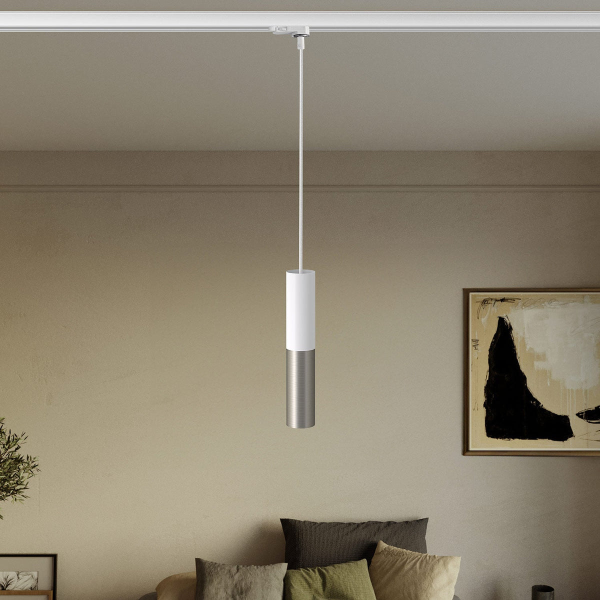 Pendelleuchte für Stromschienen mit Doppel-Lampenschirm Tub-E14 – Weiß und Satin-Titan – Ansicht 2