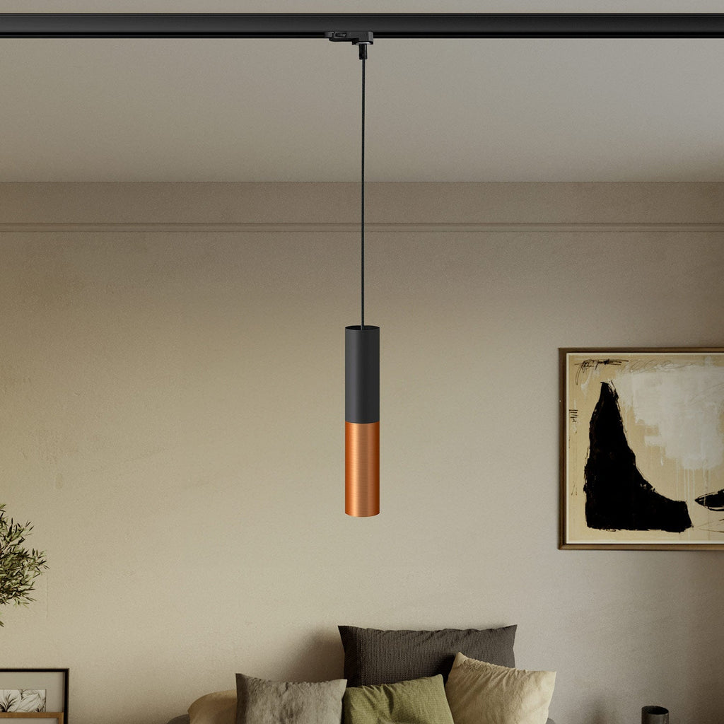Schienenpendelleuchte mit Doppel-Lampenschirm Tub-E14 - Schwarz & Satin-Kupfer – Ansicht 2