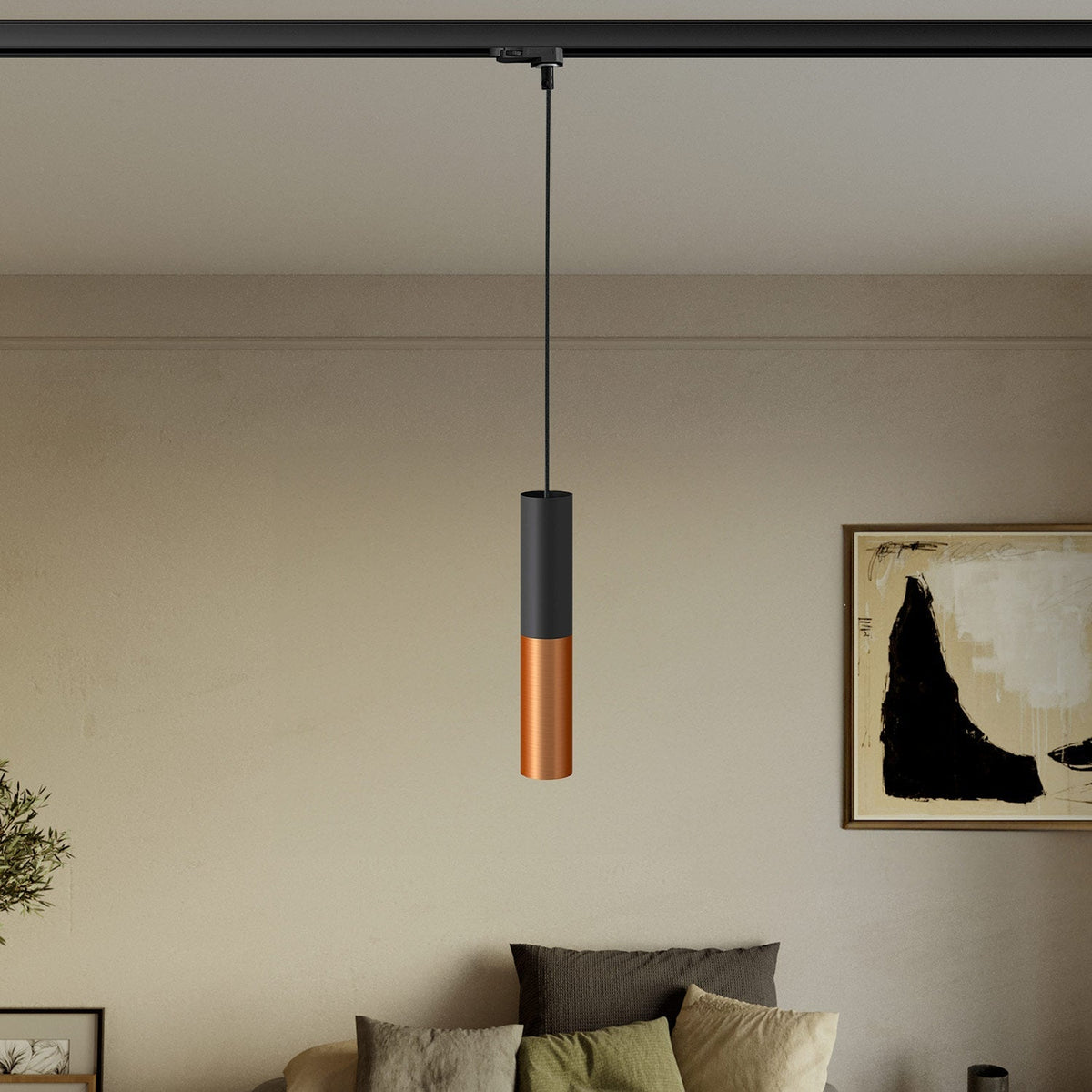 Schienenpendelleuchte mit Doppel-Lampenschirm Tub-E14 - Schwarz & Satin-Kupfer – Ansicht 2