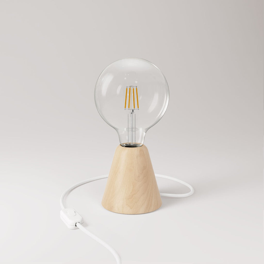 Tischlampe mit Basis aus Erlenholz, transparentem Leuchtmittel, RM01-Kabel und EU-Stecker