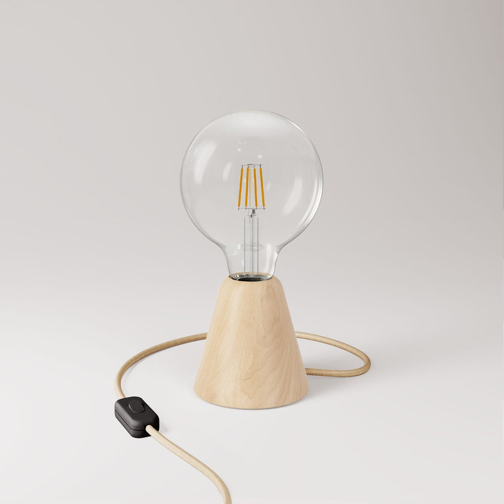 Tischlampe mit Erlenholz-Basis, klarer Glühbirne, RN06-Kabel und EU-Stecker