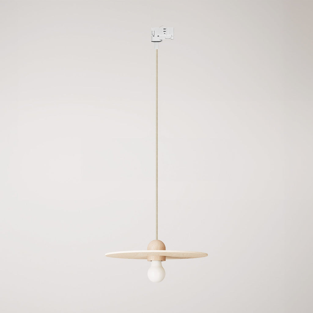 Holzlampe auf Schiene mit Textilkabel und UFO-Schirm – Natur