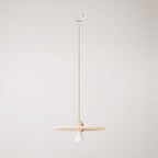 Holzlampe auf Schiene mit Textilkabel und UFO-Schirm – Natur