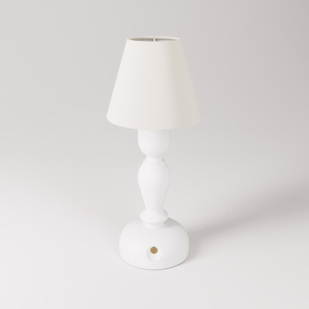 Tragbare, aufladbare Cabless14-Lampe mit Tropfen-Leuchtmittel und Lampenschirm – Weiß