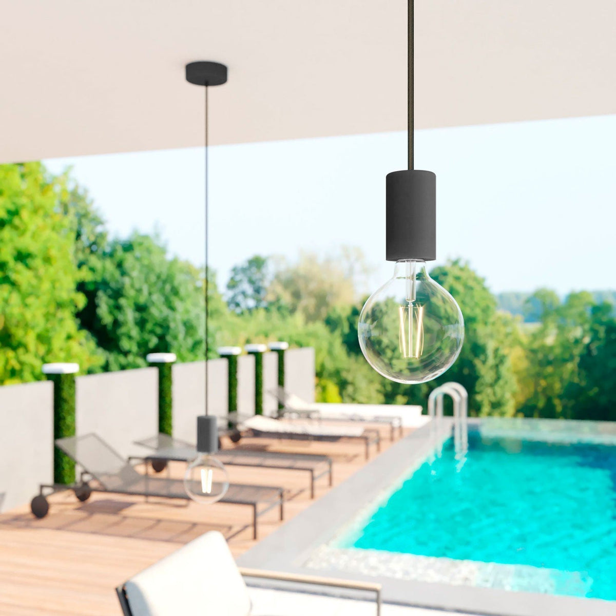 Modulair ELEGANT Außenleuchte mit 1,5 m Textilkabel, Baldachin und Fassung aus Silikon, IP65-wasserdicht – Schwarz – Ansicht 2
