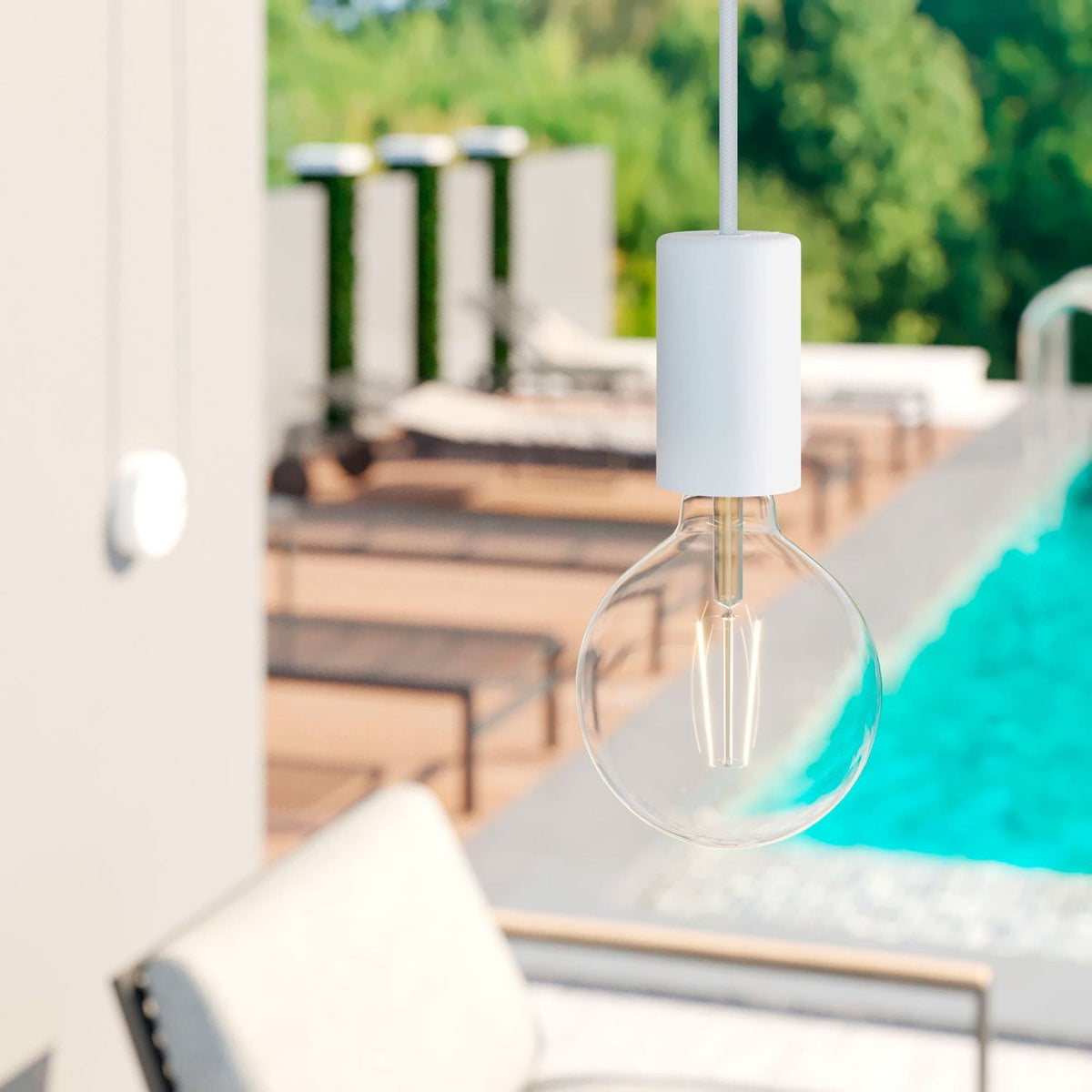 Modulair ELEGANT Außenleuchte mit 5 m Textilkabel, Pendelbremse, Baldachin und IP65-geschützter Fassung – Weiß – Ansicht 2