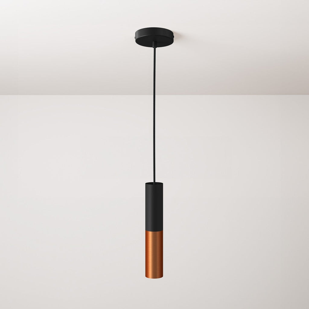 Pendelleuchte komplett mit Textilkabel und Doppellampenschirm Tub-E14 – Schwarz und Satin-Kupfer
