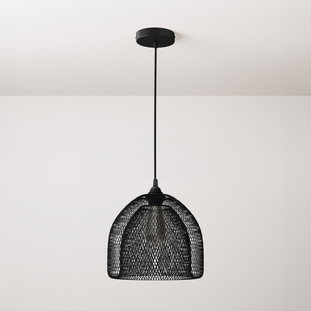 Pendelleuchte komplett mit Textilkabel, Ghostbell XL-Käfigschirm und Metallakzenten – Schwarz