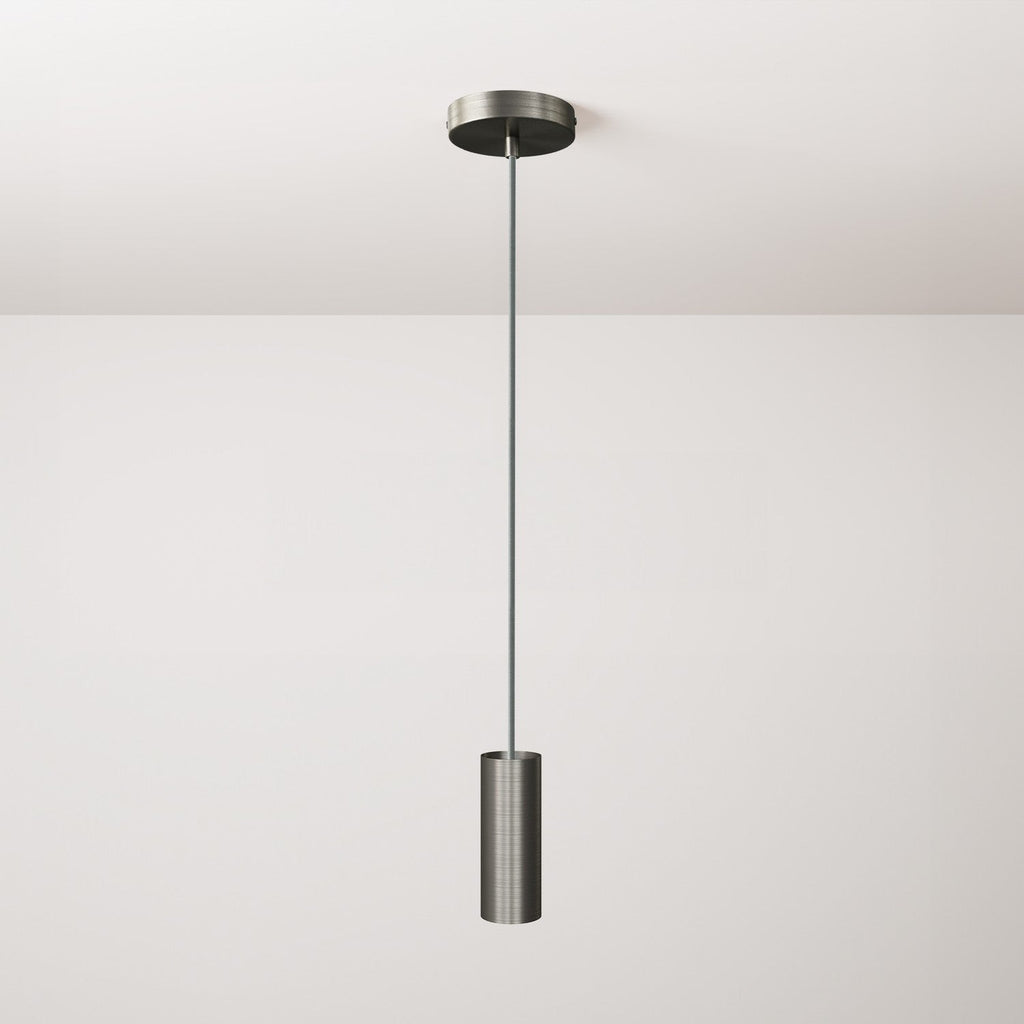 Pendelleuchte komplett mit Textilkabel, Tub-E14-Lampenschirm und Metallteilen – Satin-Titan