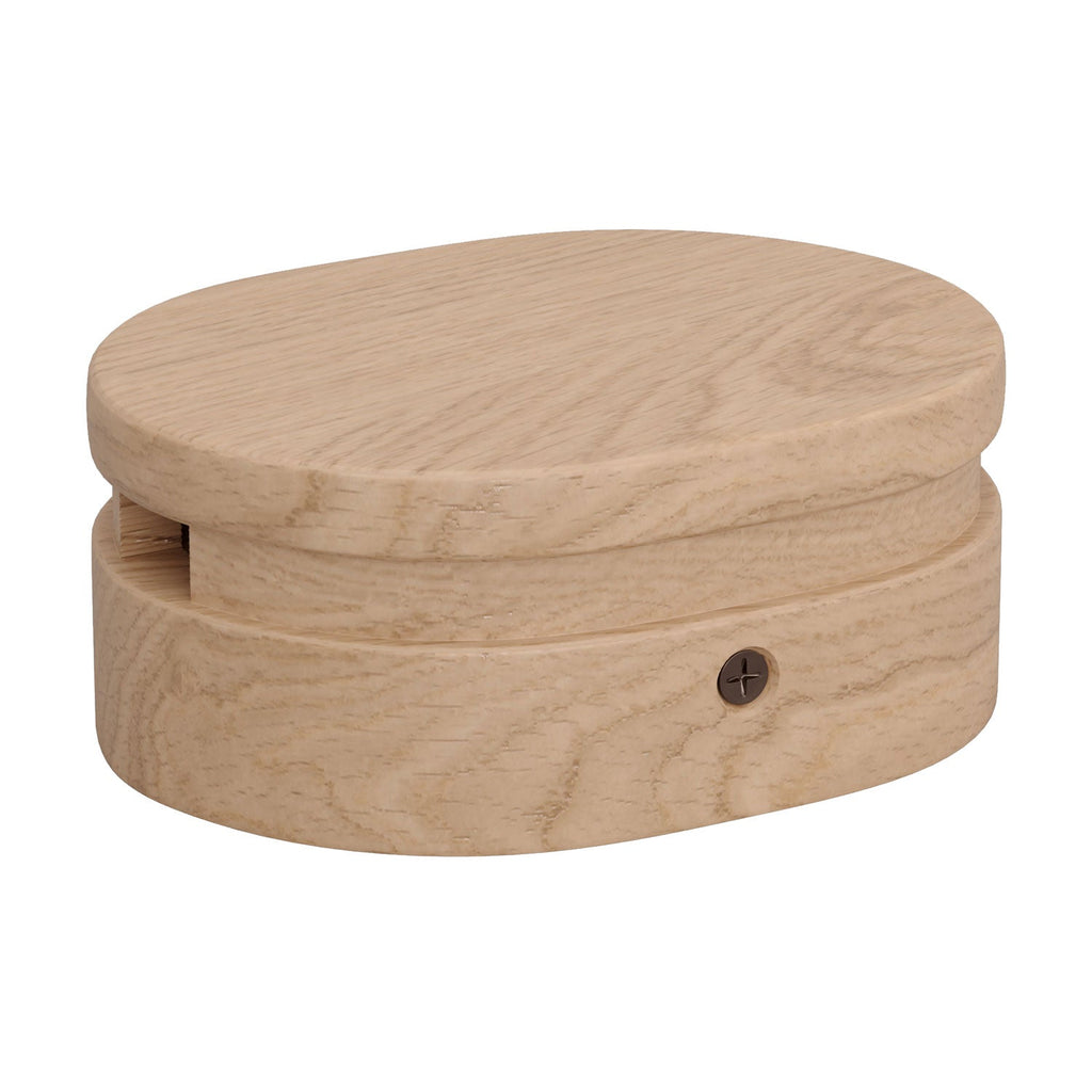 Ovale Rosette aus Holz mit 2 seitlichen Löchern für Lichterkettenkabel und Filé-System. Made in Italy – Naturell – Ansicht 2