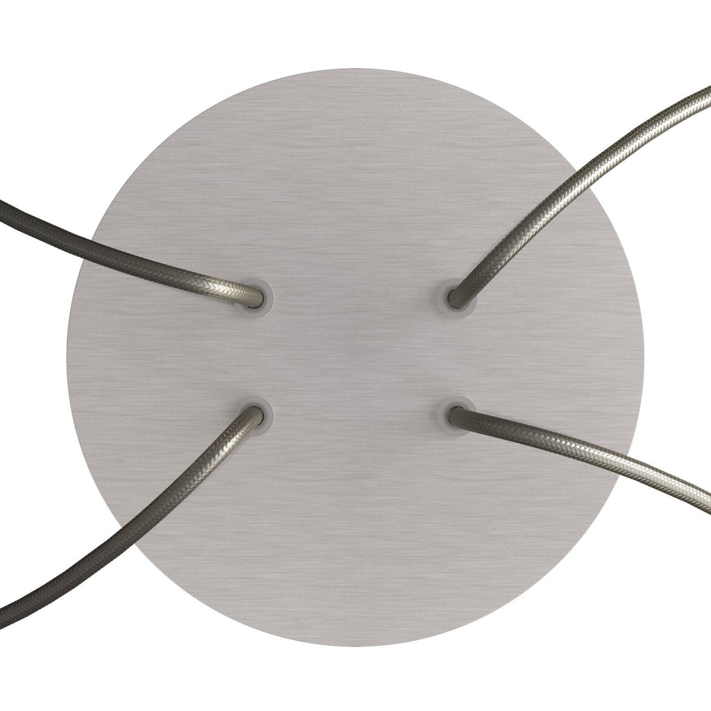 Lampenbaldachin Rose-One rund, Durchmesser 200 mm mit 4 Öffnungen und 4 seitlichen Öffnungen – Dibond Edelstahl satiniert – Ansicht 2