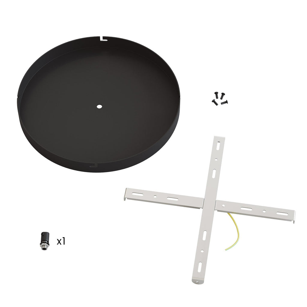 Runder Lampenbaldachin aus Aluminium Ø 30 cm mit Halterung und Schutzleiter-Textilkabel, mit 1 zentraler Bohrung – Schwarz – Ansicht 4