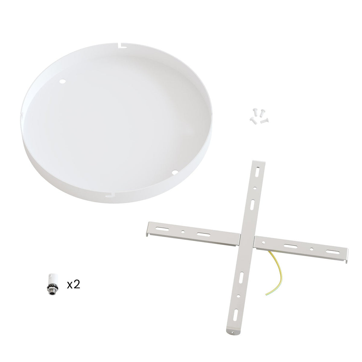 Runder Lampenbaldachin aus Aluminium Ø 30 cm mit Halterung und Erdungs-Textilkabel, mit 2 Frontbohrungen – Mattweiß – Ansicht 4