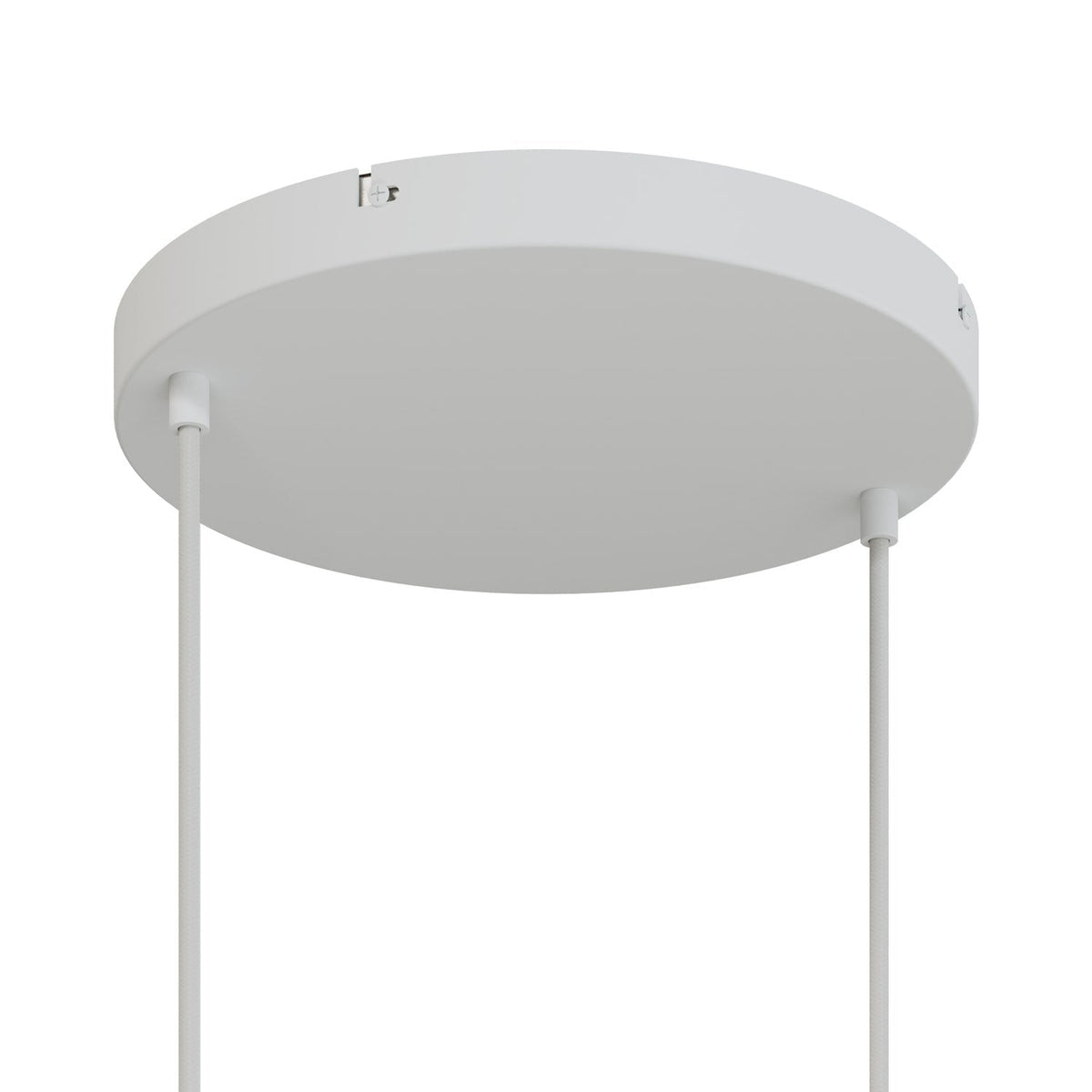 Runder Lampenbaldachin aus Aluminium Ø 30 cm mit Halterung und Erdungs-Textilkabel, mit 2 Frontbohrungen – Mattweiß