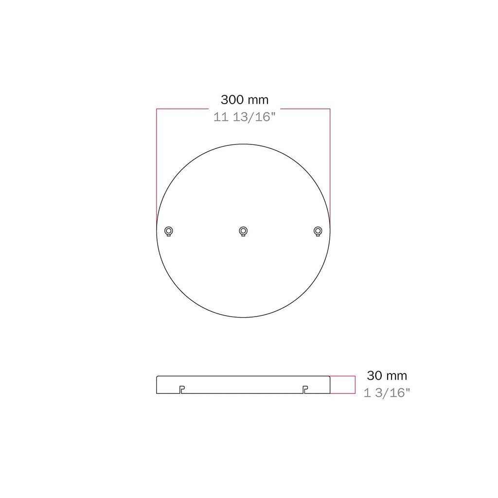 Runder Lampenbaldachin aus Aluminium Ø 30 cm mit Halterung und Erdungs-Textilkabel, mit 3 Frontbohrungen – Schwarz – Ansicht 5