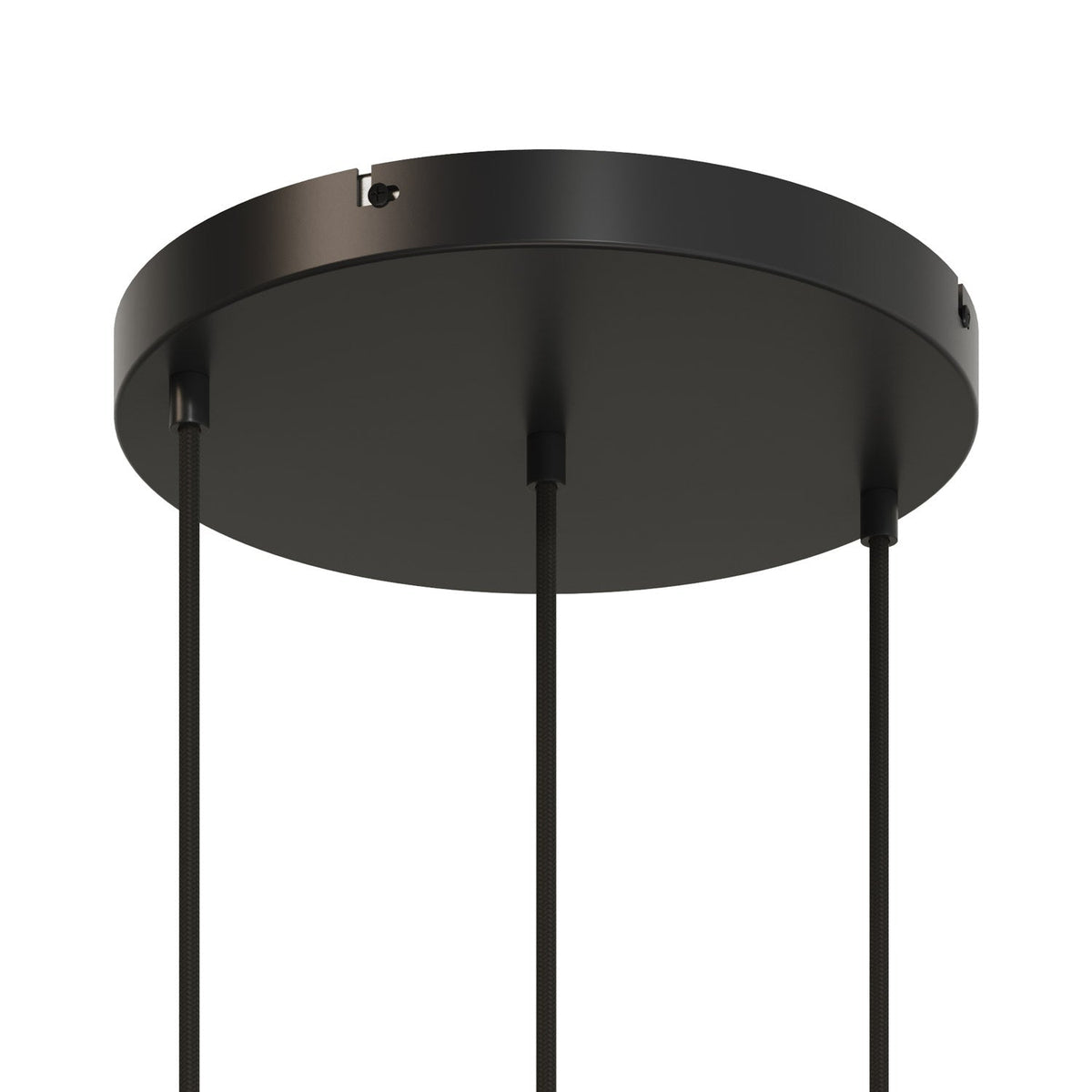 Runder Lampenbaldachin aus Aluminium Ø 30 cm mit Halterung und Erdungs-Textilkabel, mit 3 Frontbohrungen – Schwarz
