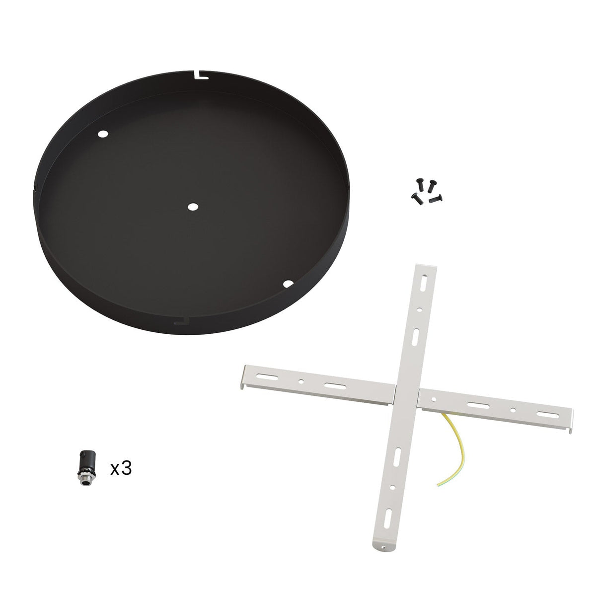 Runder Lampenbaldachin aus Aluminium Ø 30 cm mit Halterung und Erdungs-Textilkabel, mit 3 Frontbohrungen – Schwarz – Ansicht 4