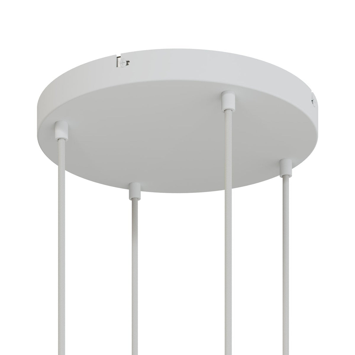 Runder Lampenbaldachin aus Aluminium Ø 30 cm mit Halterung und Erdungs-Textilkabel, mit 4 Frontbohrungen – Mattweiß