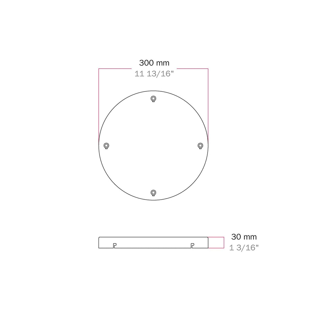 Runder Lampenbaldachin aus Aluminium Ø 30 cm mit Halterung und Erdungs-Textilkabel, mit 4 Frontbohrungen – Mattweiß – Ansicht 5