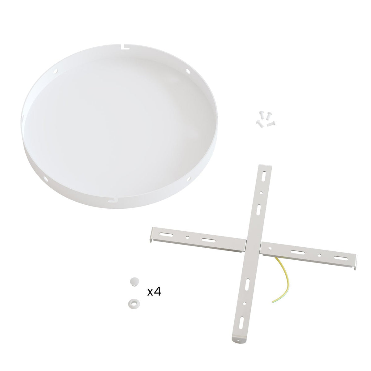Runder Lampenbaldachin aus Aluminium Ø 30 cm mit Halterung und Erdungs-Textilkabel, mit 4 Seitenbohrungen – Mattweiß – Ansicht 4