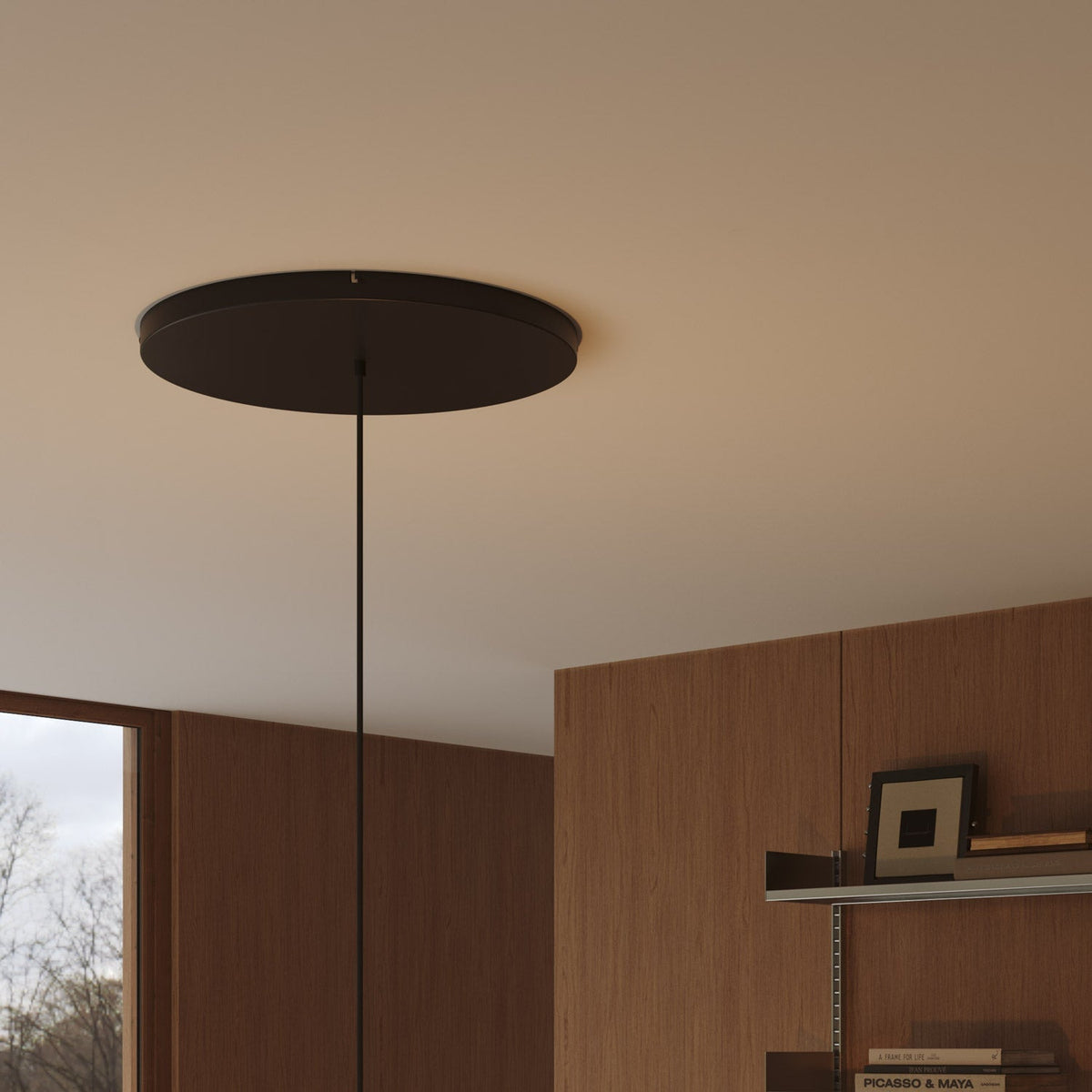 Runder Lampenbaldachin aus Aluminium Ø 50 cm mit Halterung und Erdungs-Textilkabel, mit 1 Frontbohrung – Schwarz – Ansicht 3