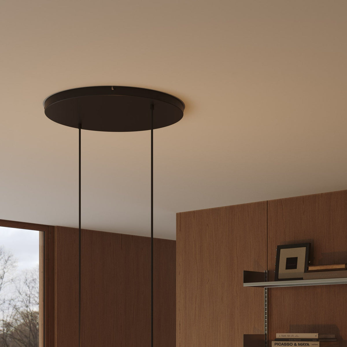 Runder Lampenbaldachin aus Aluminium Ø 50 cm mit Halterung und Erdungs-Textilkabel, mit 2 Frontbohrungen – Schwarz – Ansicht 3
