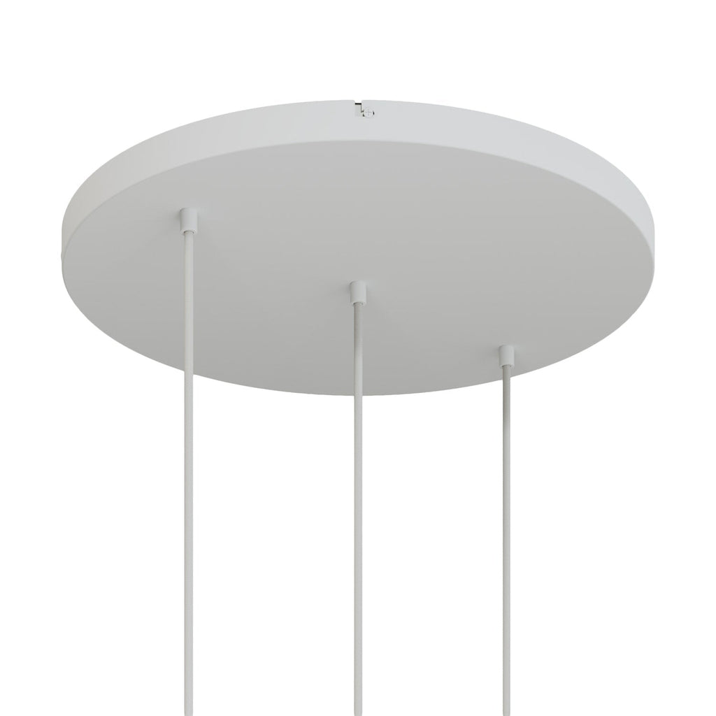 Runder Lampenbaldachin aus Aluminium Ø 50 cm mit Halterung und Erdungs-Textilkabel, mit 3 Frontbohrungen in Linie – Mattweiß
