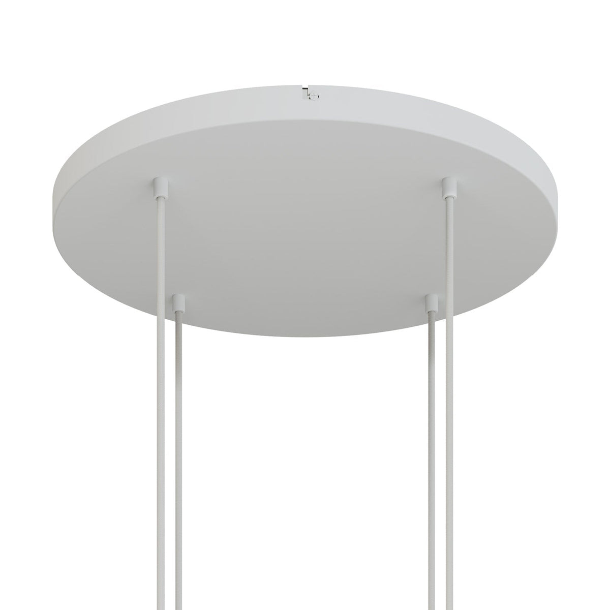 Runder Lampenbaldachin aus Aluminium Ø 50 cm mit Halterung und Schutzleiter-Textilkabel, mit 4 frontalen Bohrungen – Mattweiß