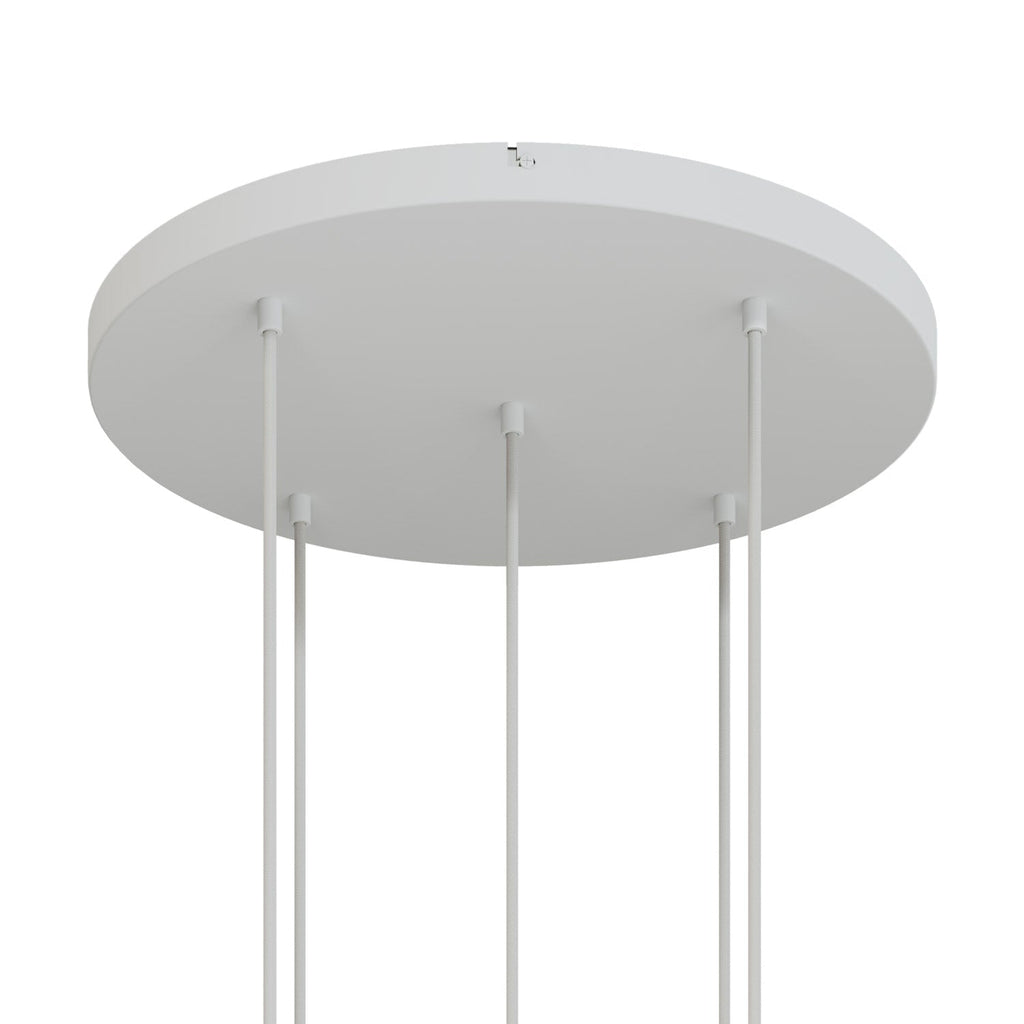 Runder Lampenbaldachin aus Aluminium Ø 50 cm mit Halterung und Schutzleiter-Textilkabel, mit 5 frontalen Bohrungen – Mattweiß