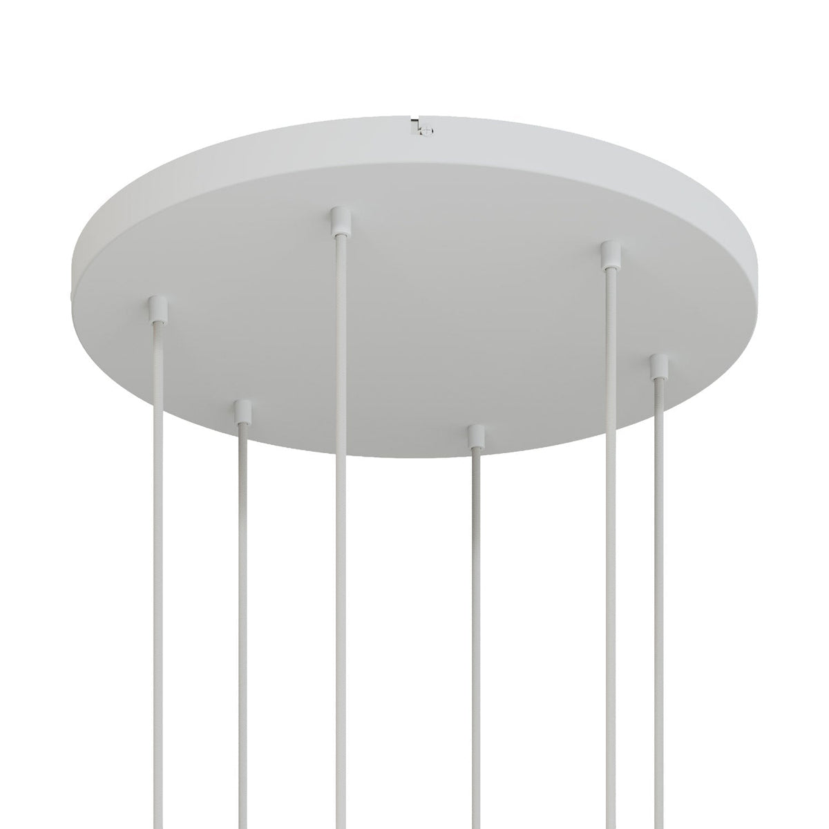 Runder Lampenbaldachin aus Aluminium Ø 50 cm mit Halterung und Schutzleiter-Textilkabel, mit 6 frontalen Bohrungen – Mattweiß