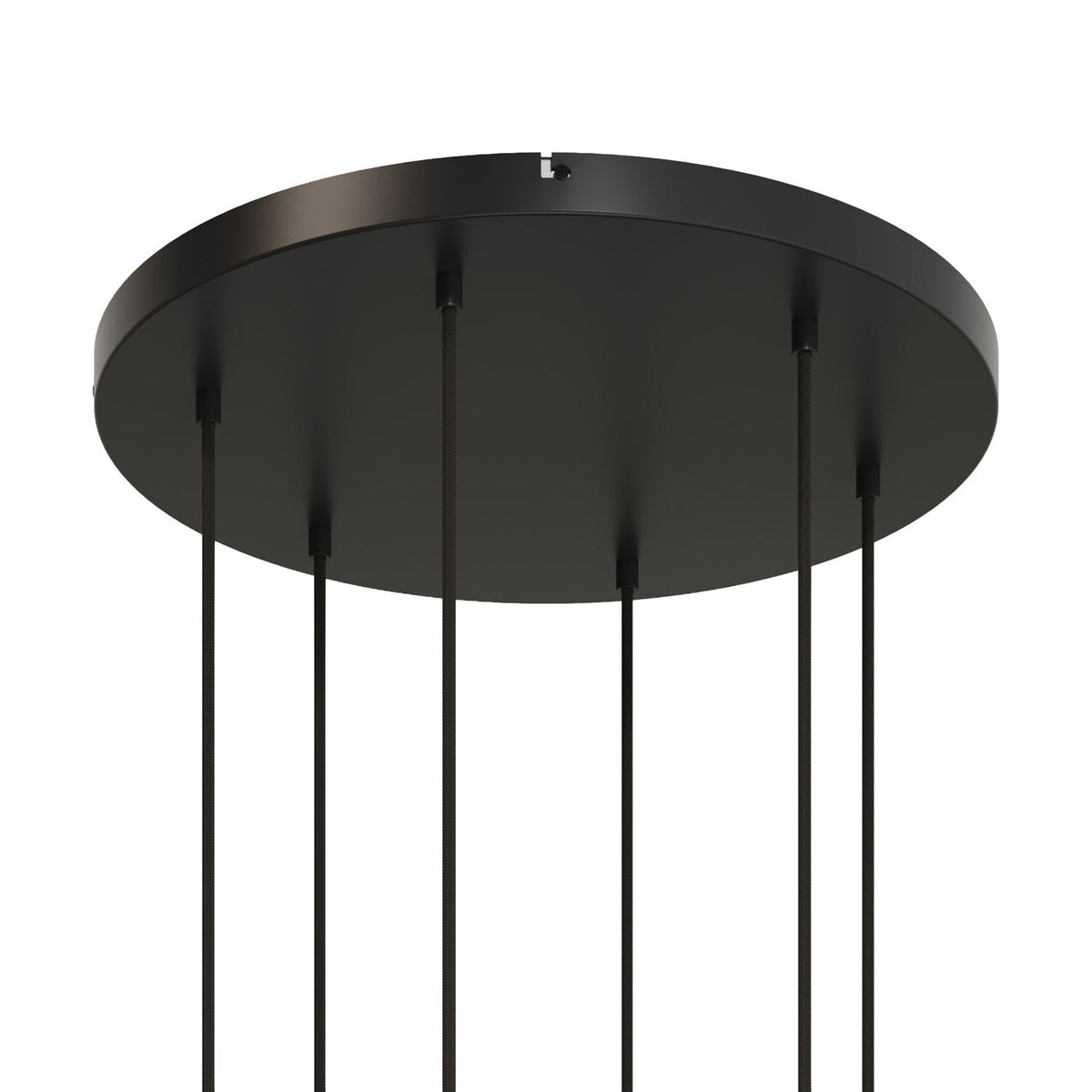 Runder Lampenbaldachin aus Aluminium Ø 50 cm mit Halterung und Erdungs-Textilkabel, mit 6 Frontbohrungen – Schwarz
