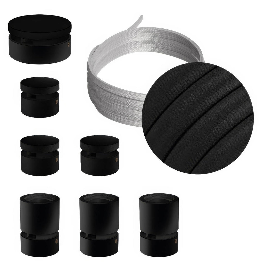 Filé-System Linear Kit – mit 5 m Kabel CM04 für Lichterkette und 7 lackierten Holzelementen in Schwarz für den Innenbereich.