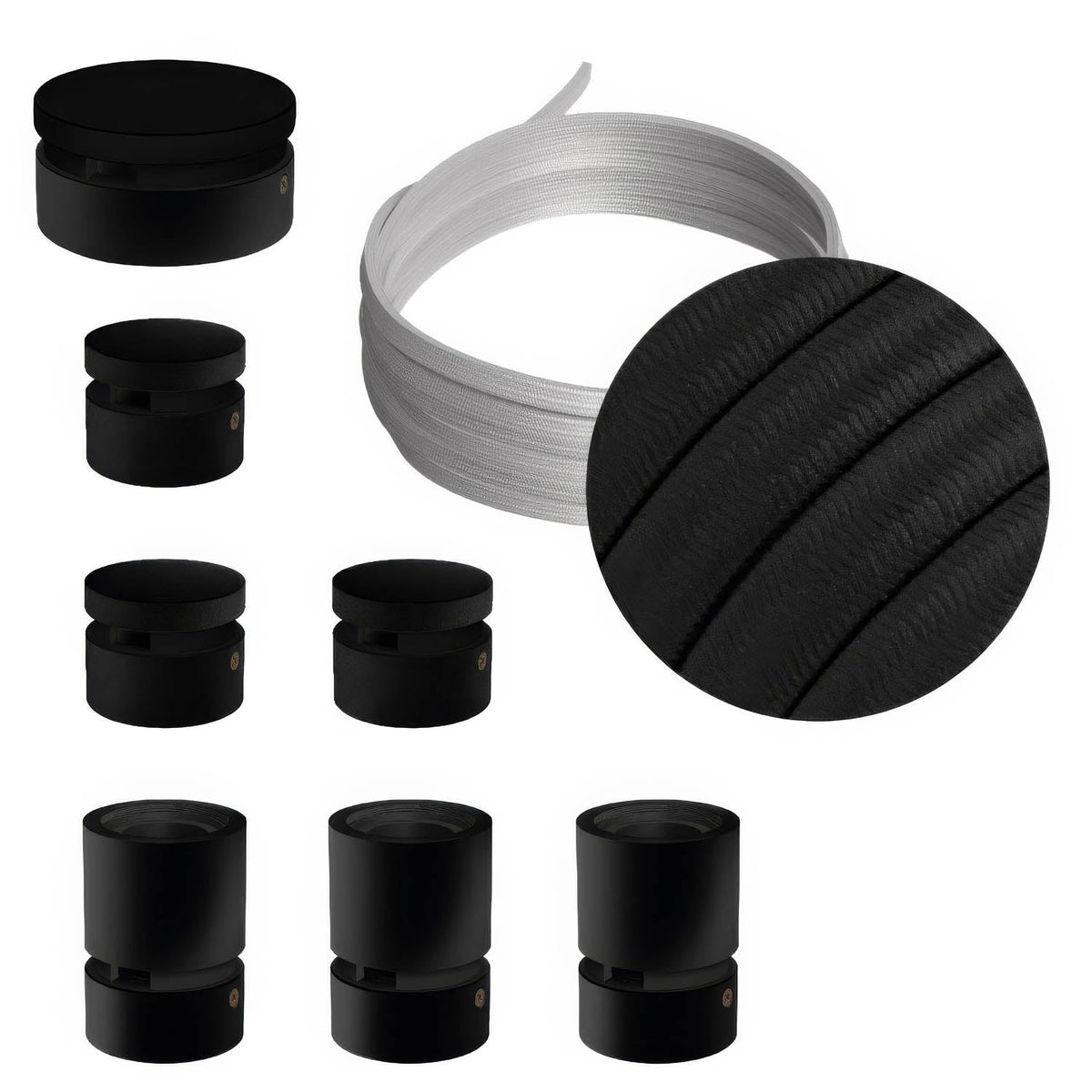 Filé-System Linear Kit – mit 5 m Kabel CM04 für Lichterkette und 7 lackierten Holzelementen in Schwarz für den Innenbereich.