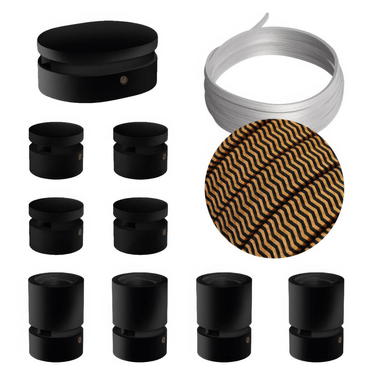 Sistema Filé Symmetric Kit – mit 5 m CZ22-Kabel für Kettenaufhängung und 9 Komponenten aus schwarz lackiertem Holz für den Innenbereich.