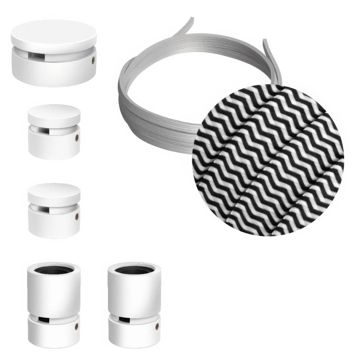 Filé Wiggle System-Kit – mit 3 m CZ04-Kabel für Lichterketten und 5 Komponenten aus weiß lackiertem Holz für den Innenbereich.