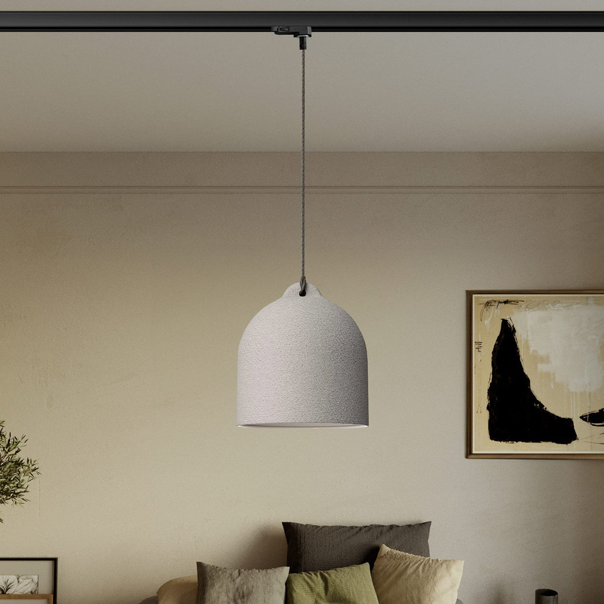 Stromschienen-Pendelleuchte mit Glocken-Lampenschirm M aus Keramik – Betonoptik – Ansicht 2