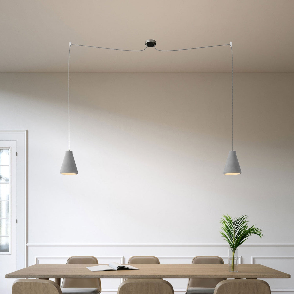 Spider – Mehrfach-Pendelleuchte mit 2 Abhängungen und Trichter-Lampenschirm aus Beton – Beton-Optik – Ansicht 2