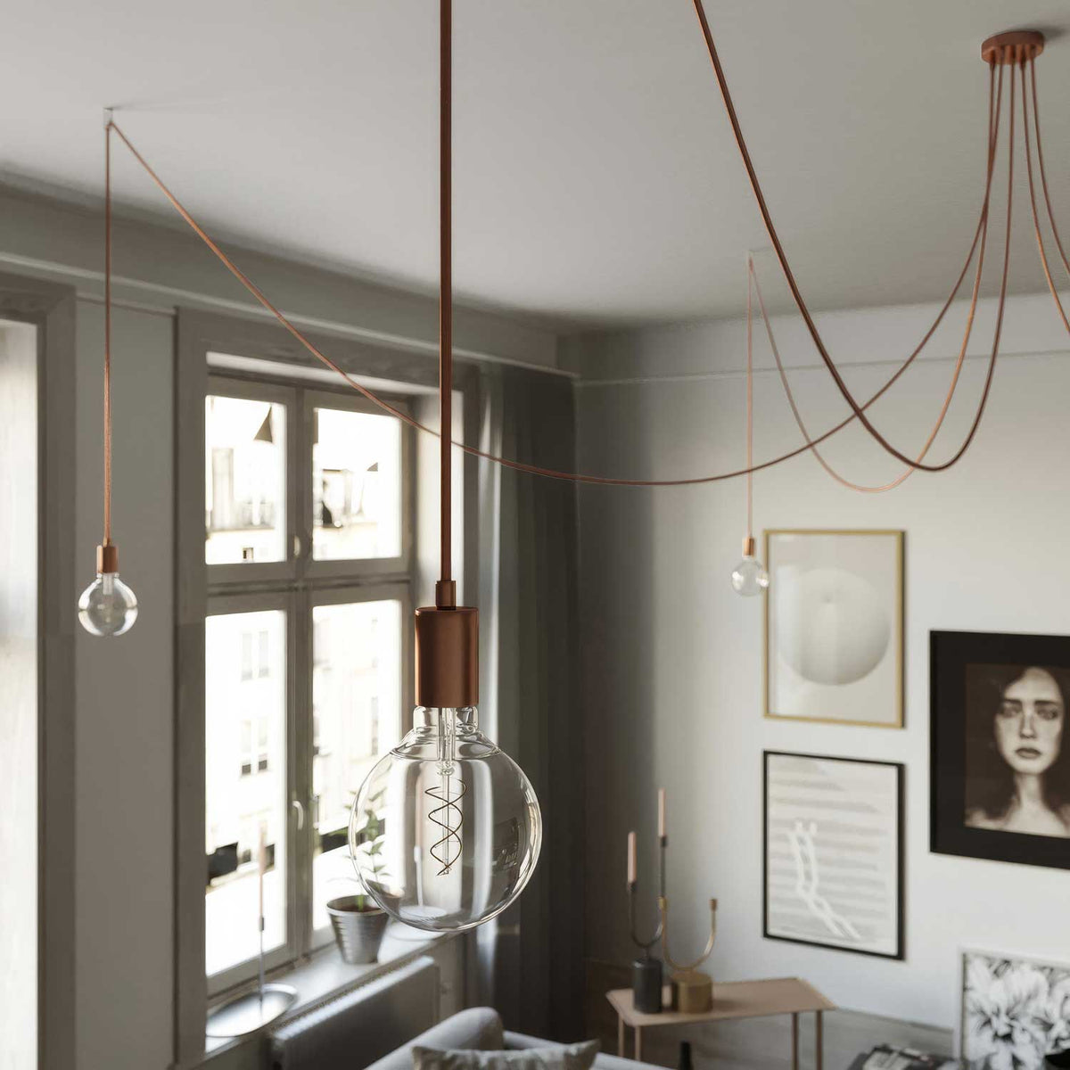 Spider – Pendelleuchte mit Mehrfachabgang (5-fach) und Metall-Details – Kupfer – Ansicht 2
