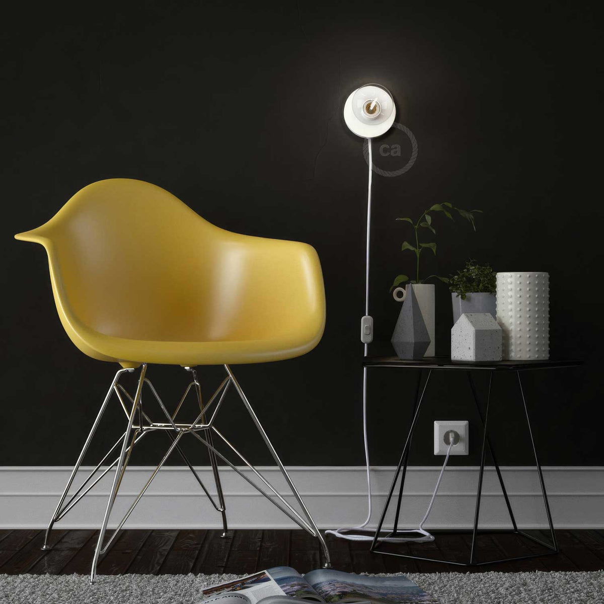 Spostaluce, Lichtpunkt aus Metall, komplett mit Textilkabel und seitlichen Löchern – Weiß – Ansicht 3