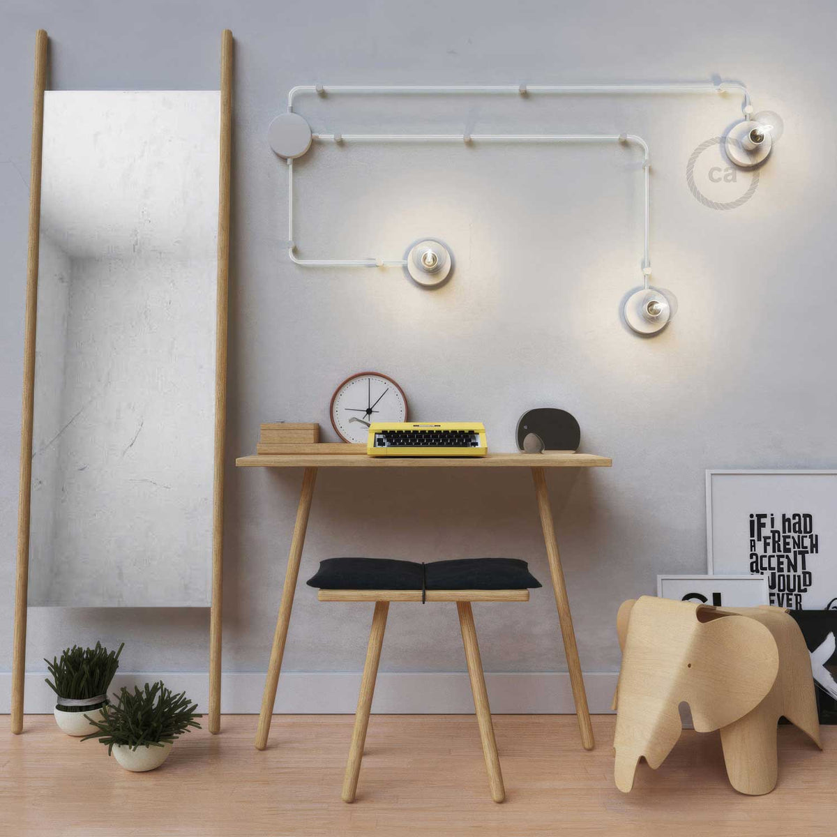 Spostaluce, Lichtpunkt aus Metall, komplett mit Textilkabel und seitlichen Löchern – Weiß – Ansicht 2