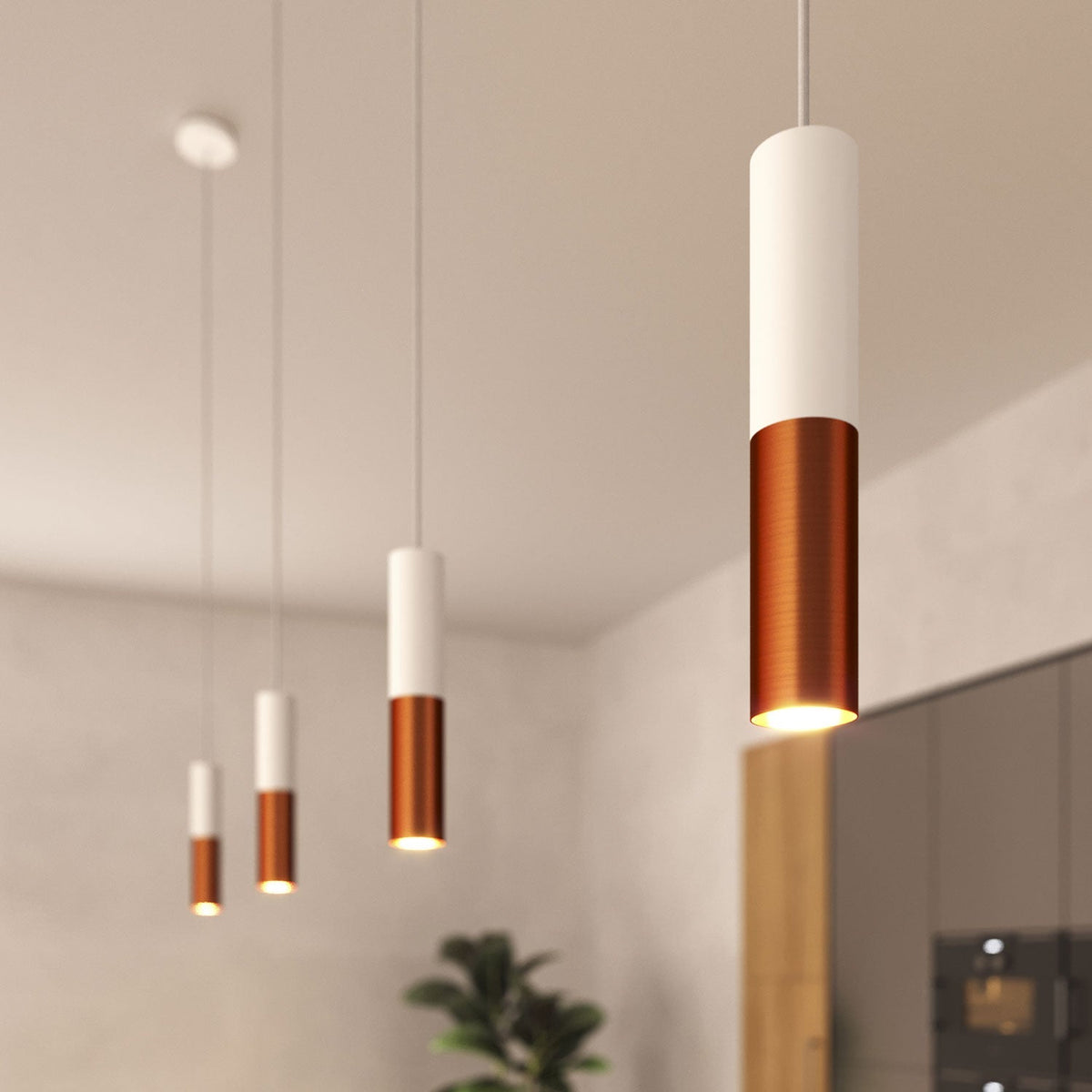 Tub-E14: Doppeltes Metallrohr für Spot mit Doppelring-E14-Lampenfassung – Mattweiß und Satiniertes Kupfer – Ansicht 6
