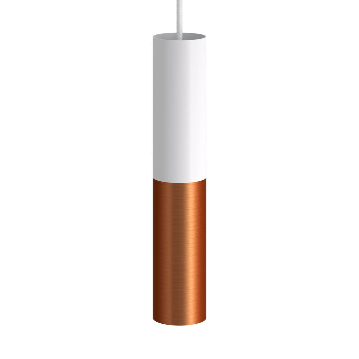 Tub-E14: Doppeltes Metallrohr für Spot mit Doppelring-E14-Lampenfassung – Mattweiß und Satiniertes Kupfer